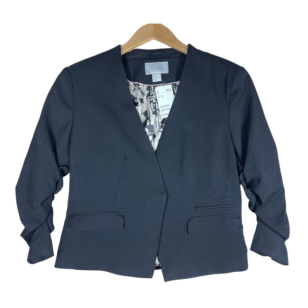 H&M Blazer Jacket Ruched Sleeve Black Floral Lined Women's Size 14 Career NWT